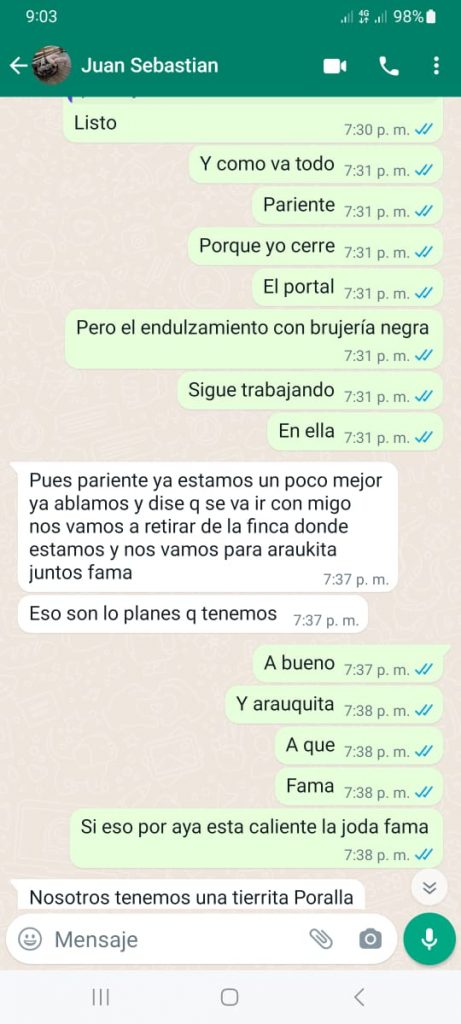 Captura WhatsApp testimonio Juan Sebastián